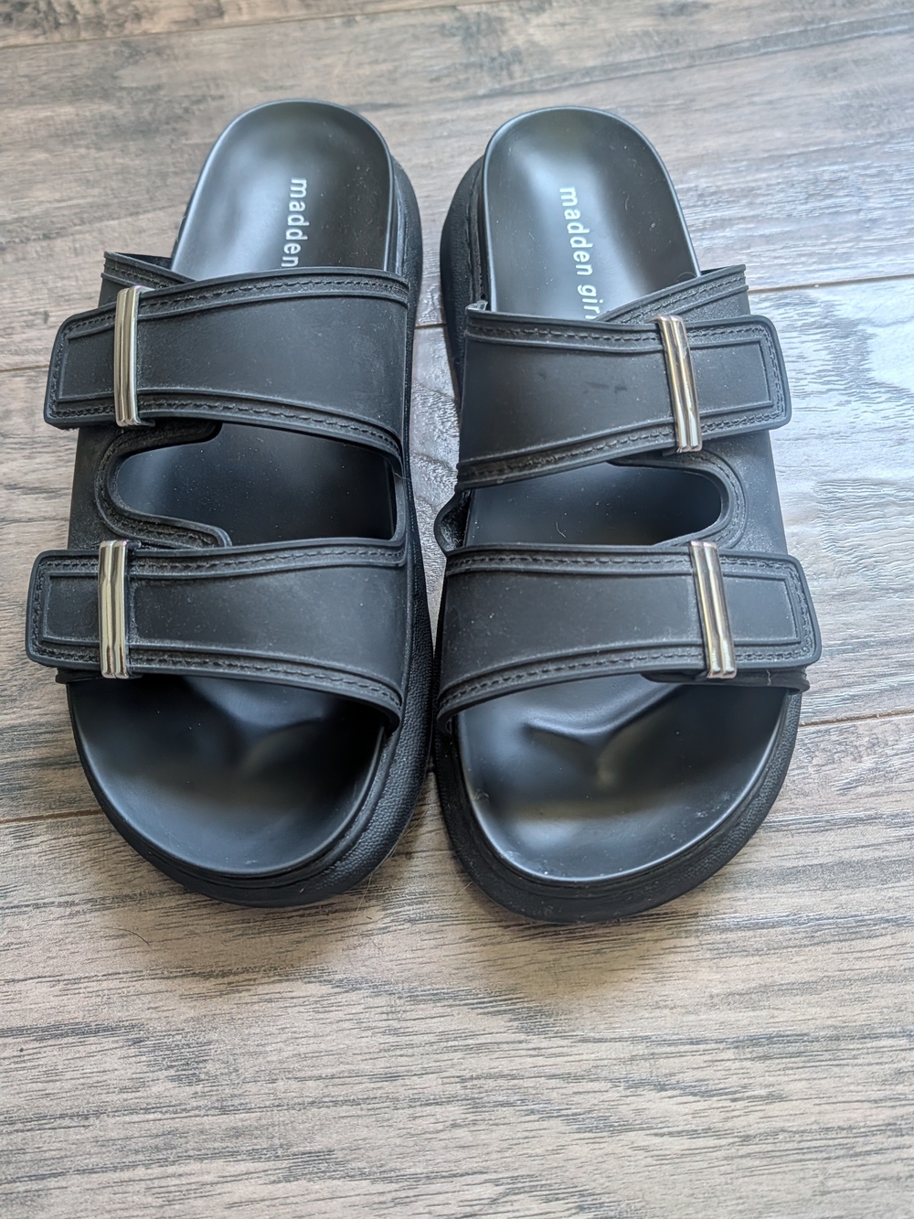 Madden Girl Black Adjustable Double-Strap Slide Sandals